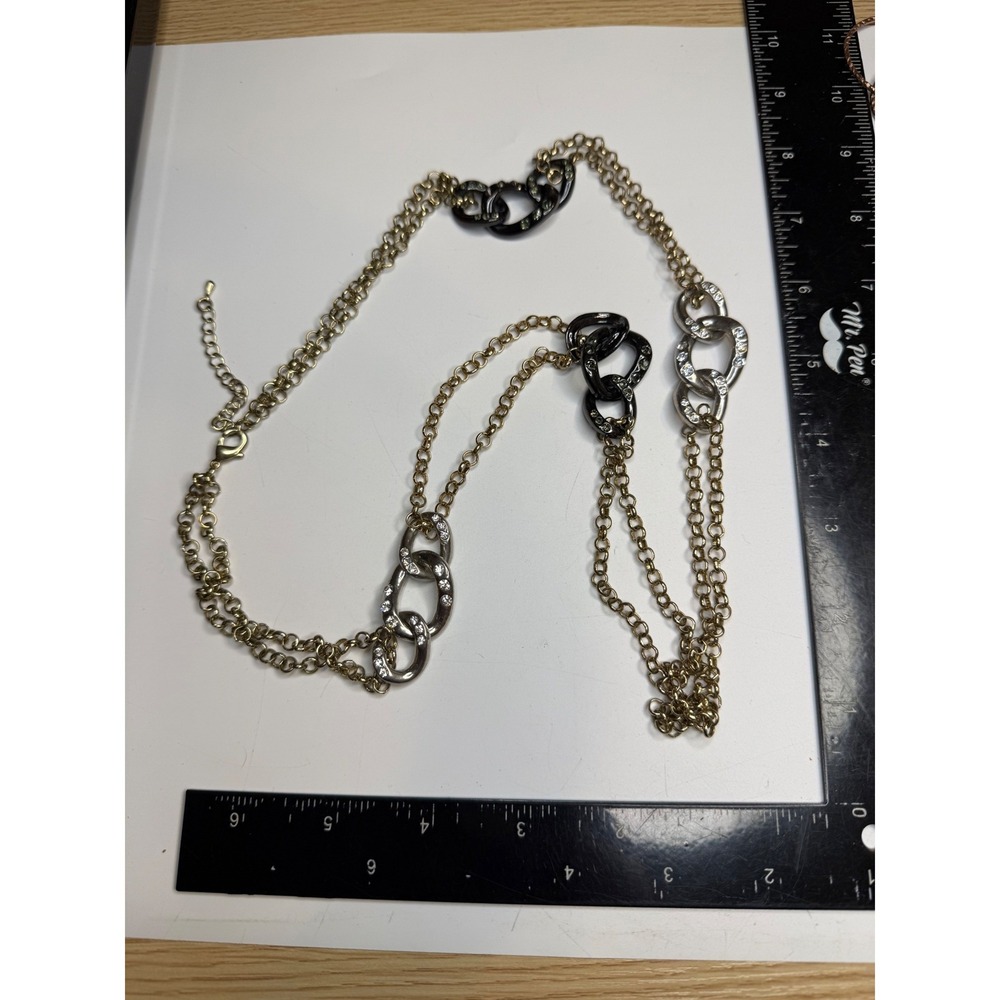 Gold Silver Black Tone Rhinestone Interlocking Link Double Strand Long Necklace
